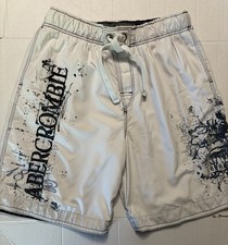 Abercrombie Mens XL White Graphic Swim Trunks Mesh Lined Board Shorts Y2K