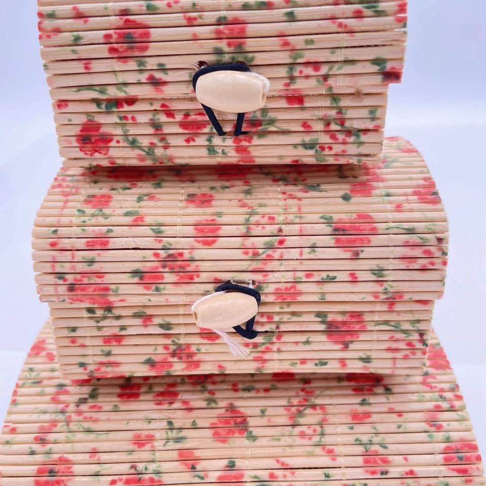 Floral Bamboo Trinket Boxes Set of 3 Decorative Storage Bins Vintage Organizer - Image 4 of 4