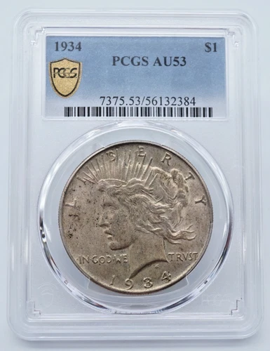 1934-P Peace Silver $1 Dollar PCGS AU53 Gold Shield Label - T347