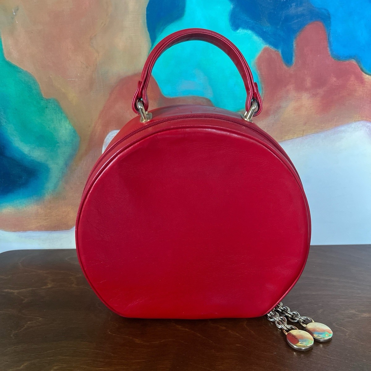 Vintage 60s/70s Pierre Cardin Red Leather Round Handbag/Travel Makeup Case