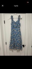 Blue Floral Sleeveless Midi Sundress Ruffle Accents V-Neck Casual Spring