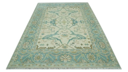 HandKnotted 6X9 Ivory and Teal Oushak design wool area rug-DD/CP2312 - Picture 4 of 10