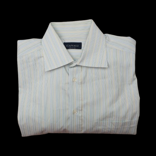 Canali Shirt Mens 16 Blue Yellow Stripe Button Up French Cuff Casual Dress Italy