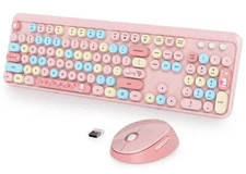 Pink Keyboard and Mouse Wireless Retro Typewriter Keyboard 2.4GHz 104 Keys Fu...