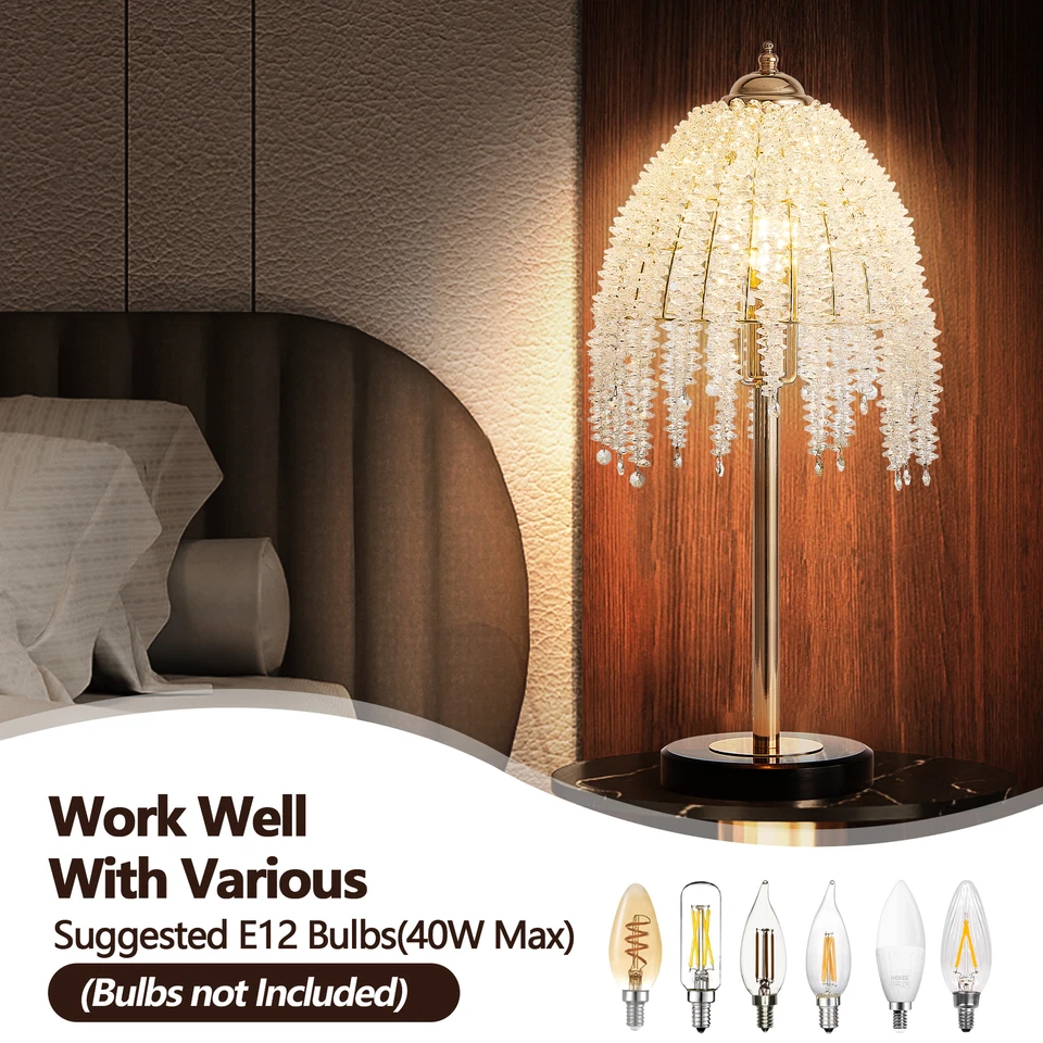 19'' Gold Table Desk Lamp Vintage Crystal Bead String Shade Bedside Desk Light - Image 3 of 4