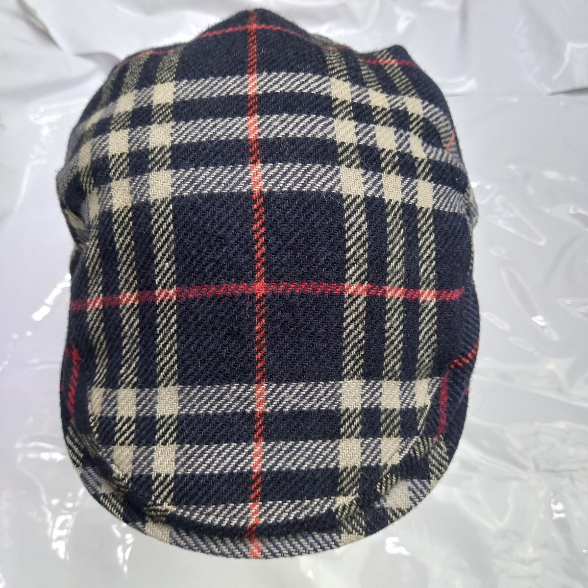 Vintage Burberry Hunting Hat Cap Beret Nova Check Blue 100% Wool