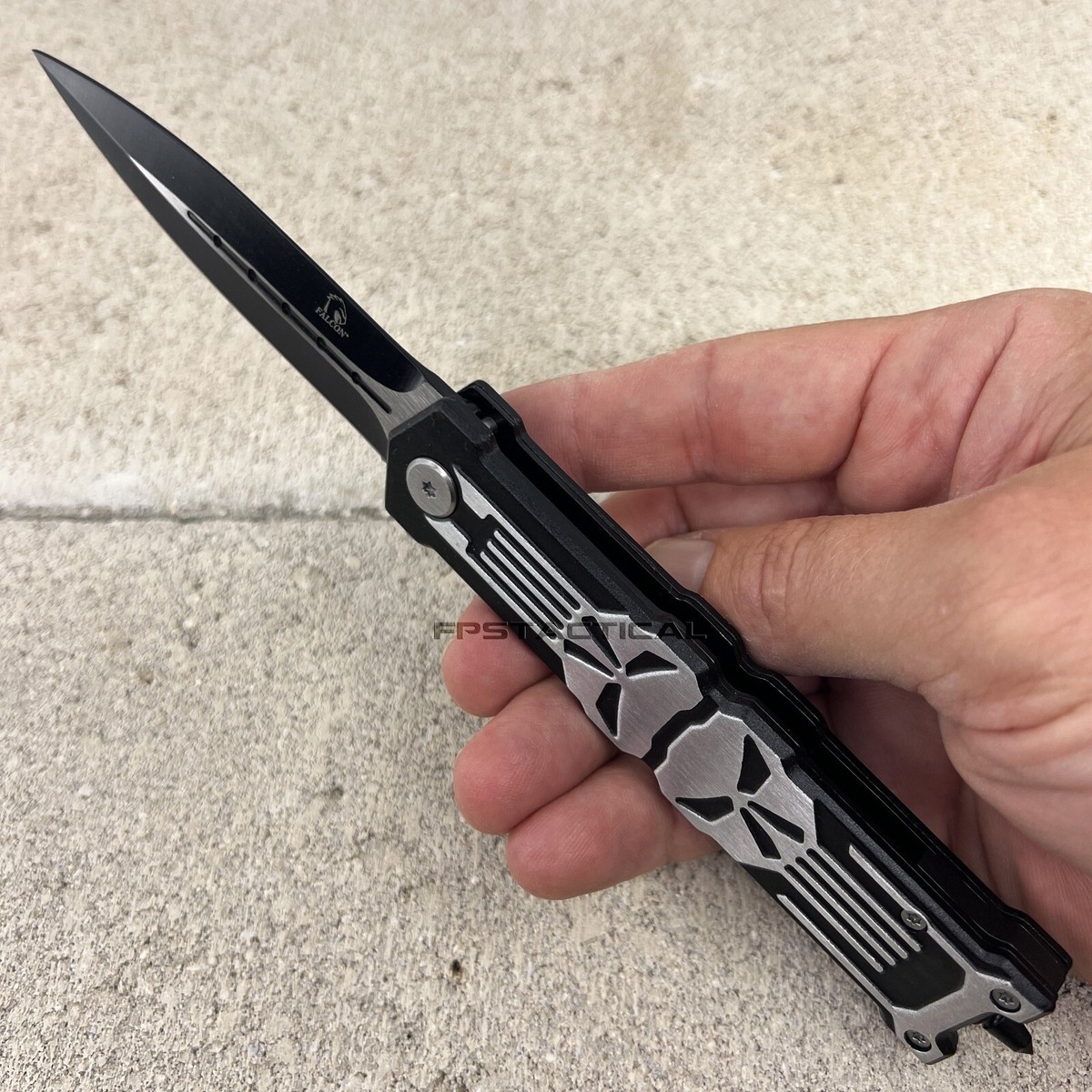 Falcon 3D Molded Punisher Skull Spring Assist Stiletto Knife Black