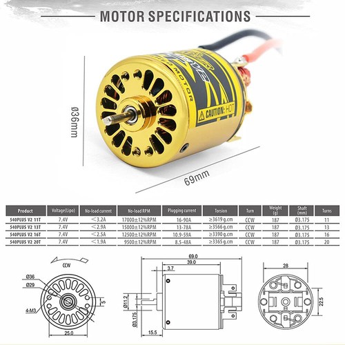 5-Slot 540 PLUS V2 Brush Type 20T Crawler Motor w/ 80A ESC - Picture 2 of 3