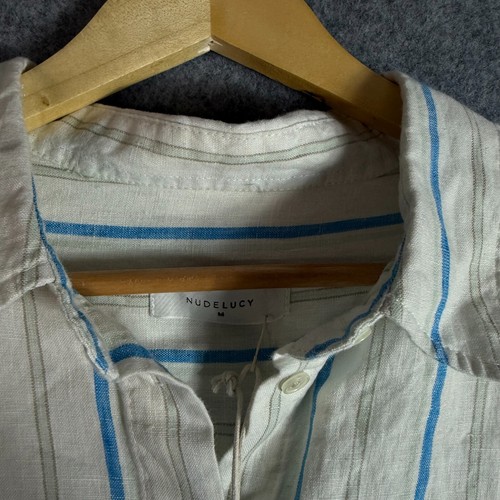 Nude Lucy Shirt Womens Medium Green Striped Linen Short Sleeve Button Up NWT - Picture 4 of 12