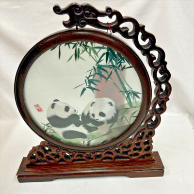 Vintage Chinese Panda Double Sided Silk Embroidery Handmade Carved Wood Stand