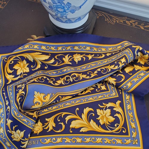 Italian Designer Silk Scarf Small for Neck Purse Pocket 100% Silk Blue & Gold - Picture 14 of 24