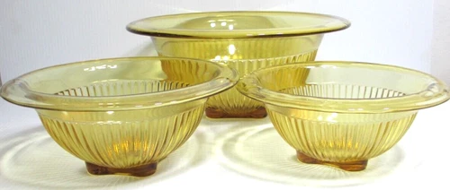 Vintage Federal Glass Mixing Bowl Set of 3 Golden Glow Amber Ribbed 10" 8" 7" D