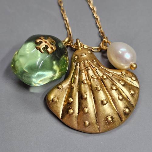 Tory Burch SEA OF DREAMS Charm Pendant Necklace Cultured Pearl Resin Sea Glass - Picture 2 of 8