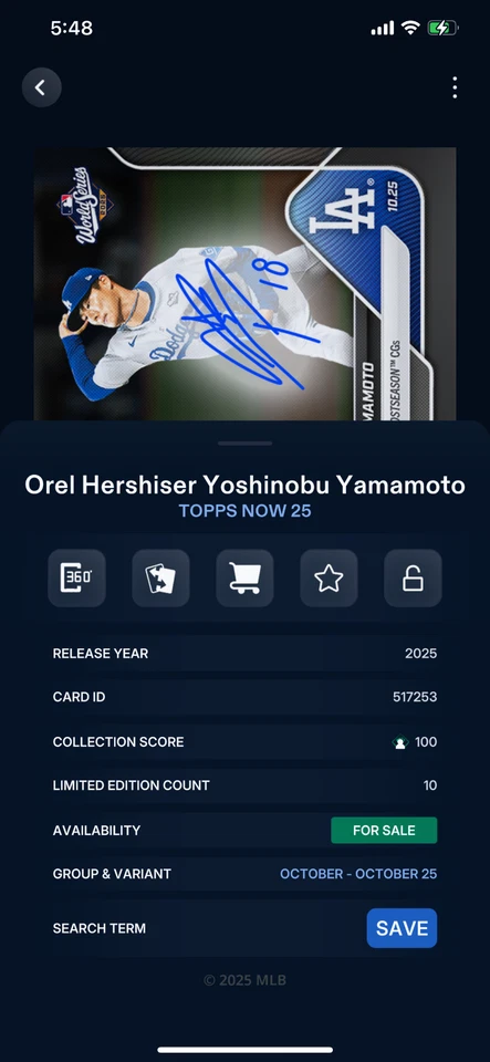 2025 Topps Bunt Yoshinobu Yamamoto Orel Hershiser AHORA SIG Legendary 10GC DIGITAL Foto 3 de 4