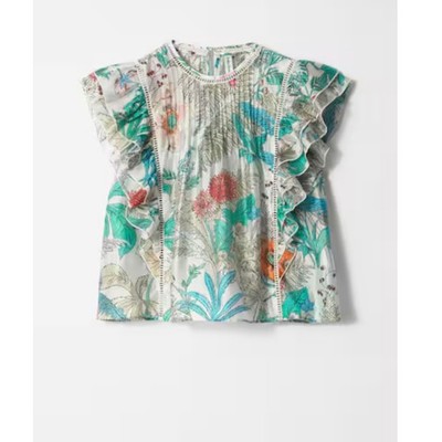 & Other Stories Floral Ruffle Short Sleeve Blouse Top Women's Pleated medium