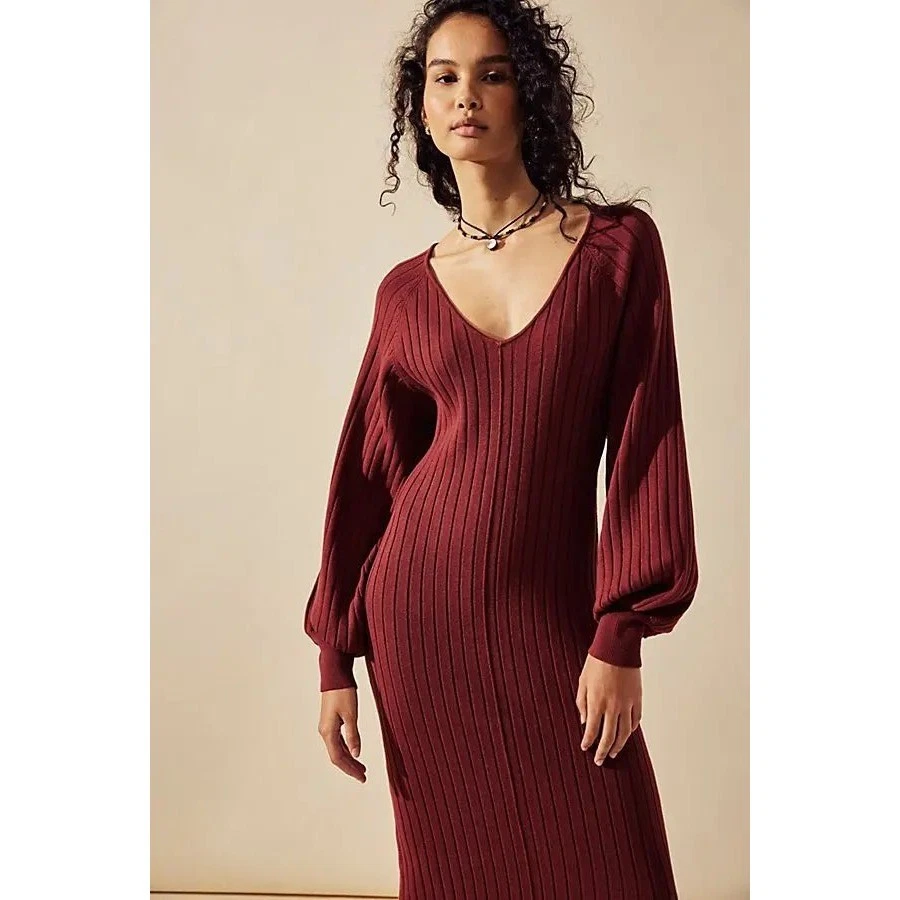 Maxi Vestido Suéter Tejido Acanalado Vino Free People Fp XS Manga Larga Otoño Boho Foto 3 de 4