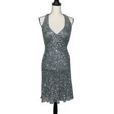 Adrianna Papell Silk Floral Silver Sequin Halter Dress 10 Wedding Hollywood Glam