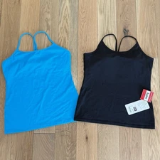 Lot Of 2 Lululemon Power V Tank Top Black & Blue Y Straps ONE NWT Luon Size 12