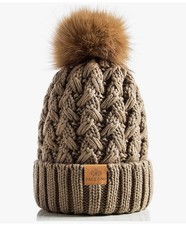 Womens Winter Ribbed Beanie Crossed Cap Chunky Cable Knit Pompom Soft Warm Hat