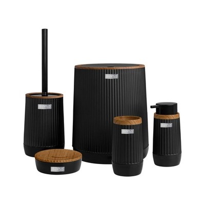 Badezimmer Set Nida 5-teilig Schwarz/Holz Modernes Design Badezimmerzubehör
