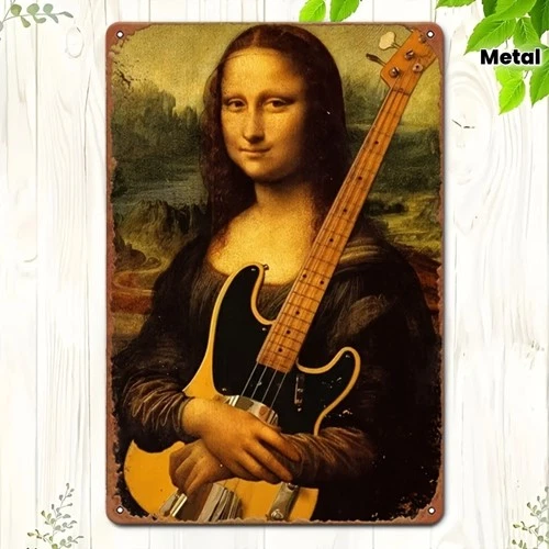 Vintage with Mona Lisa Playing Bass Guitar Tin Metal Signs Home Décor 8x12