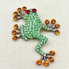 Large Frog Green Rhinestone Red Eyes Yellow Toes Brooch Pendant Crystals Metal