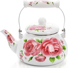 2.6 Quart Enamel Tea Pot for Stovetop, Pink Vintage Tea Kettle with Floral Patte