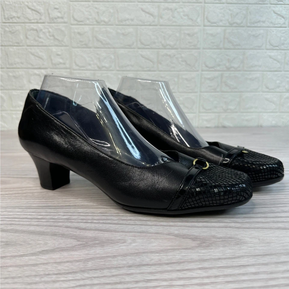 Zapatos Aravon Eleanor WMNS 9.5D Cuero Negro Texturizado Puntera Sin Cordones Tacón Bloque Foto 2 de 4