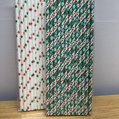 25 Pack Biodegradable Xmas Candy Cane  & Star Straws Red White Green  Lot Of 2
