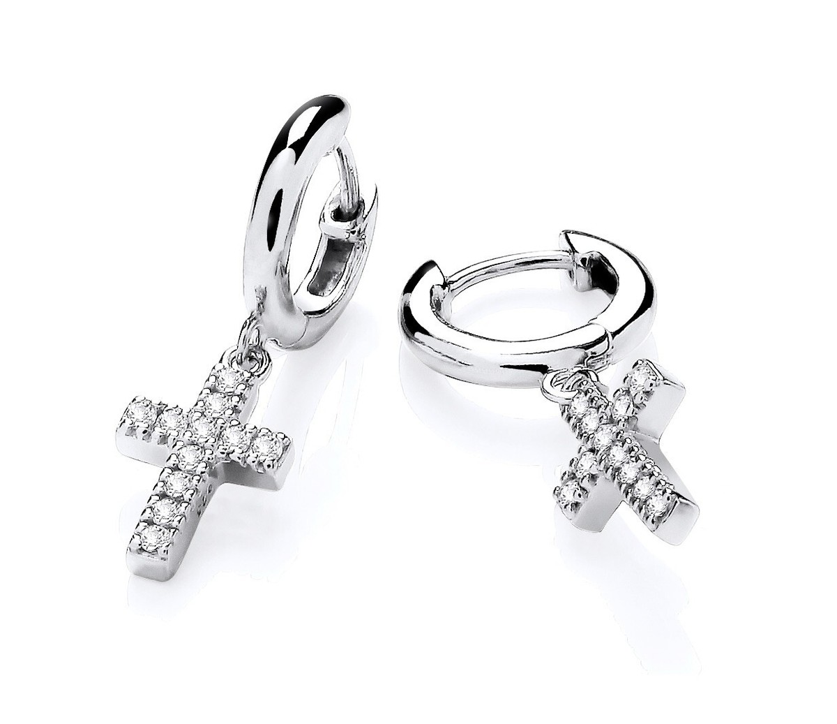 Sterling Silver 925 Simulated Diamond CROSS Charm Drop Huggie Hoop