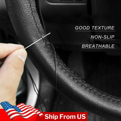 DIY Leather Car Steering Wheel Cover Needle Thread Anti-slip Black 15&#034; US Seller