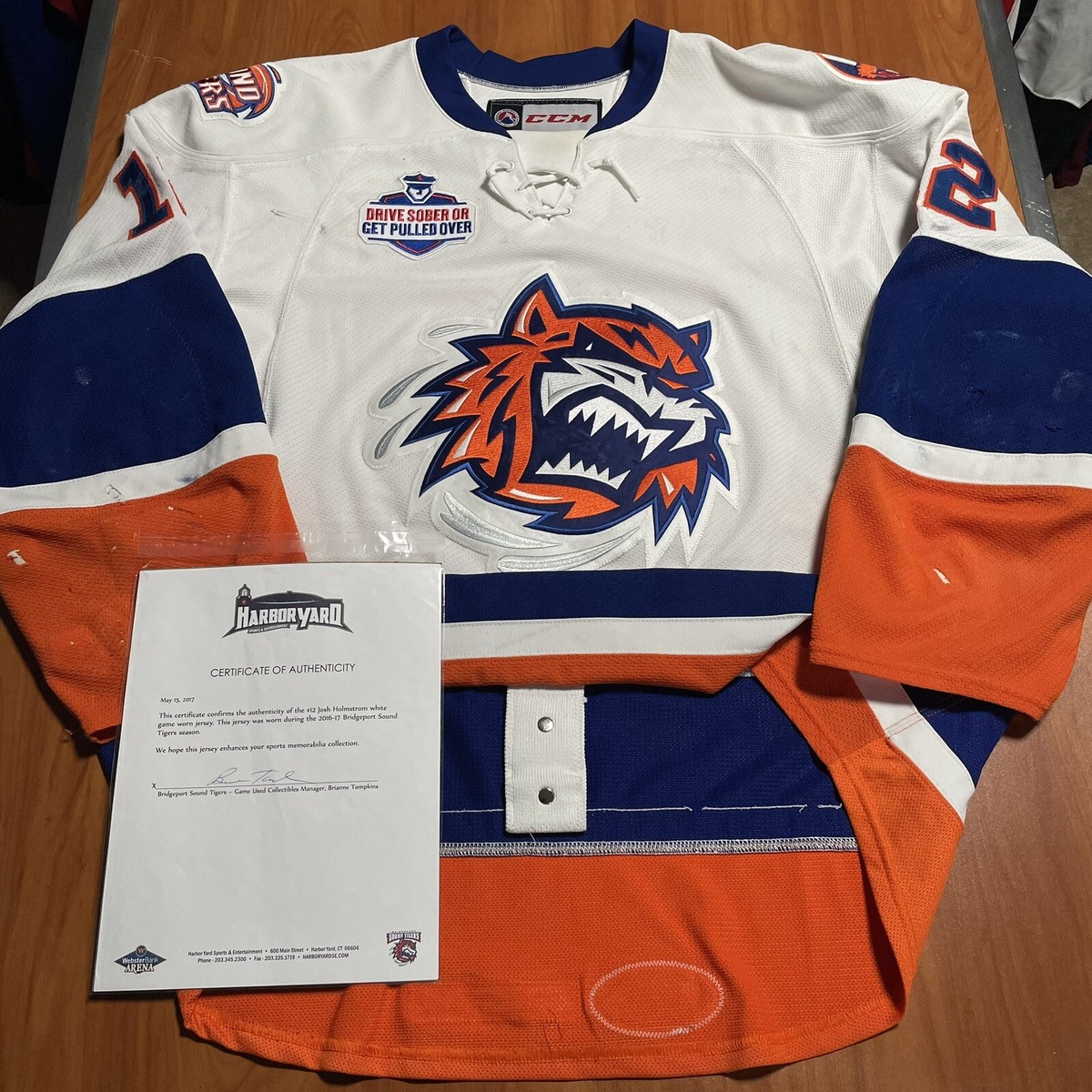 Game Worn Josh Holmstrom Bridgeport Sound Tigers AHL Jersey