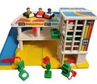 Vtg 1987 Fisher Price Little People Parking Service Garage, 5 Cars, 4 People +