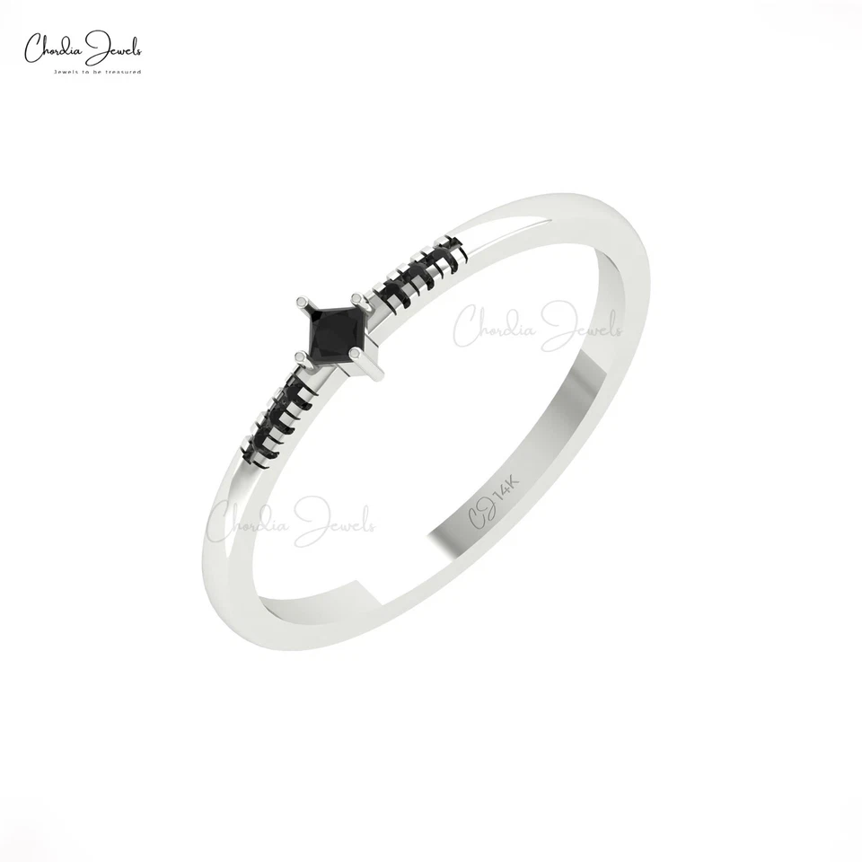 Anillo de compromiso cuadrado de diamantes negros de corte princesa de 2 mm de oro puro de 14 k para mujer Foto 3 de 4