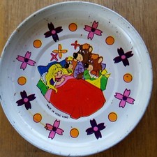 VINTAGE TOY TIN LITHO DISHES PLATES PANS GOLDILOCKS THEME 1970's Hong Kong