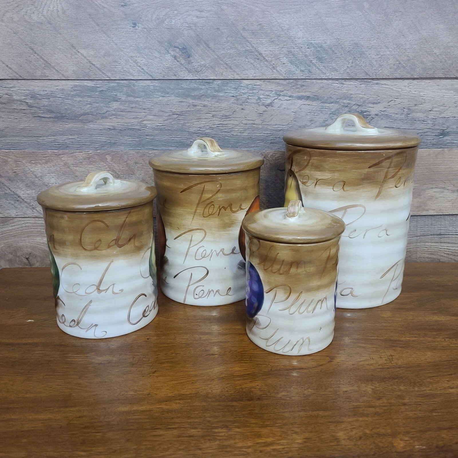 Set 4 Tabletops Unlimited Fruition HandPainted Canisters Pear/Peach