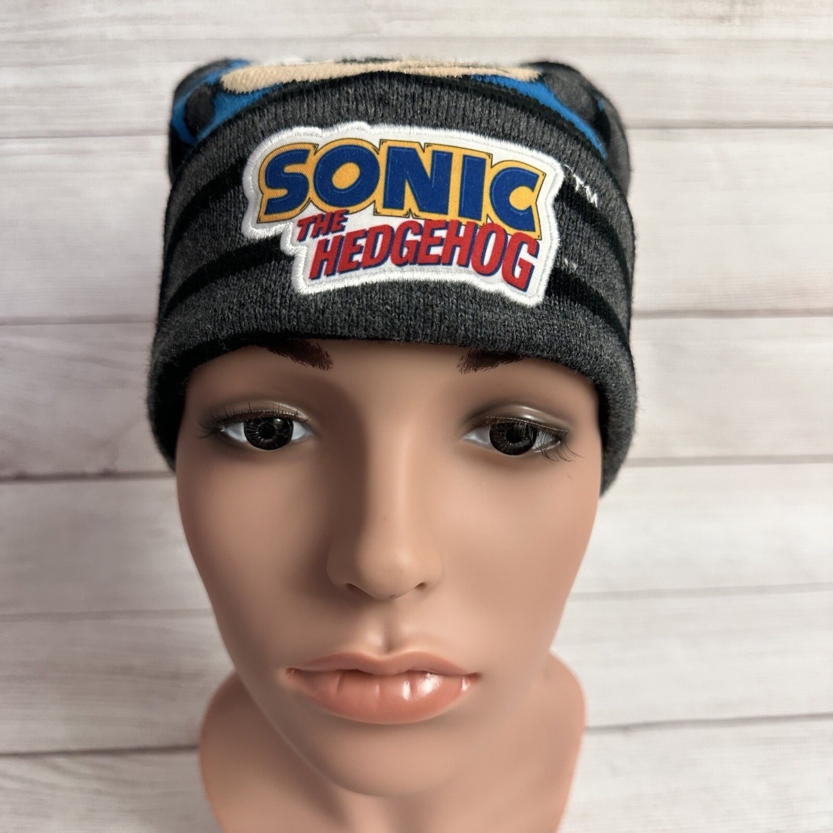 Sega Sonic the Hedgehog Beanie Hat Black Gray Striped Cap Pom Pom
