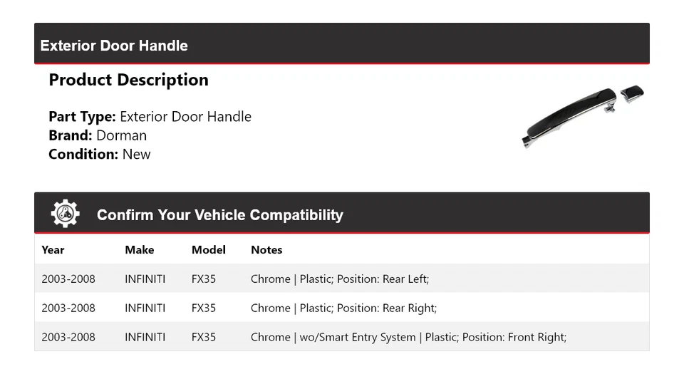Manija de puerta exterior para Infiniti FX35 2003-2008 Dorman 2004 2005 2006 2007 Foto 2 de 4