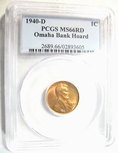 1940 D  LINCOLN WHEAT CENT - PCGS MS 66 RD - Red  -  Omaha Bank Hoard
