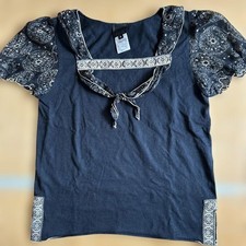 Anna Sui Black Ruffled Short Sleeve Top Casual Slim Japan