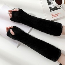 12"/16" Women's Real Mink Fur Fingerless Knitted Gloves Wrist Mittens Sleeves