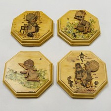 Vtg 1970s Hand Painted Wood Wall Plaques Set 4 Cottagecore Nursery Decor