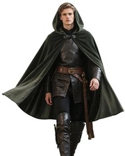 CIRCKOPS Medieval Velvet Hooded Cloak for Hobbit Wizard 100CM, Green-100cm