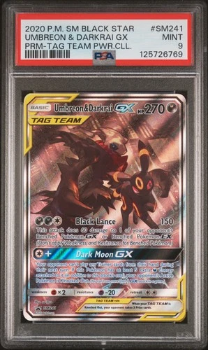 2020 POKEMON SM BLACK STAR PROMO #SM241 UMBREON & DARKRAI GX PSA 9