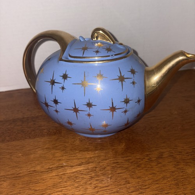 #ad Mid century Hall Periwinkle Blue Gold Atomic Starburst Mid Modern 6 Cups mint $38.75
