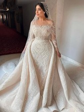 Shoulderless Mermaid Wedding Dress with Long Sleeves and Beaded Bridal Gown