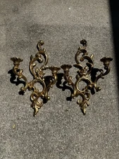 Vintage HOLLYWOOD REGENCY Syroco Gold Peony Decorated Wall Sconce Pair FLAWS