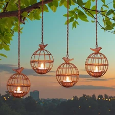 Outdoor Solar Hanging Lantern Lights, 4 Pack Rustic Ball Birdcage Hanging Can...