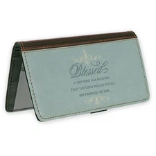 Checkbook Cover for Women “Blessed Is She” Christian Blue Wallet, Faux Leathe...