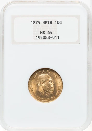 Netherlands - 1875 Willem III 10 Gulden - NGC MS64 - SUPERB COLOR & QUALITY!